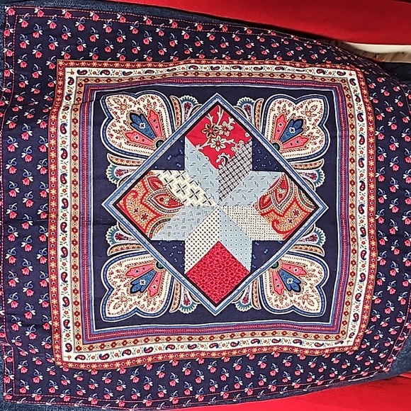 Vintage Patchwork Quilt Denim Jacket Coat Red Long Sleeve XL Pocket Boho Western - Picture 9 of 15